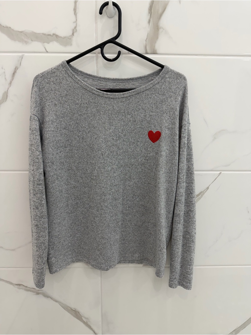 Gray Long-Sleeve Sweater with Red Heart
